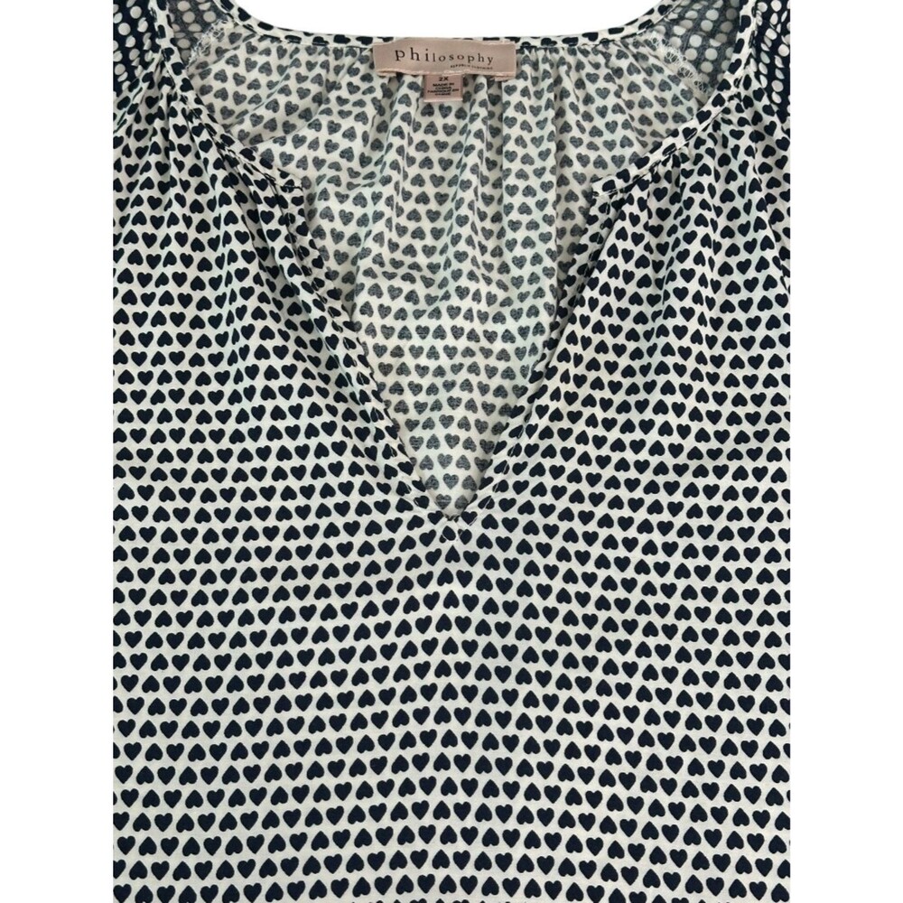 Philosophy 2X Blue White Heart Print Blouse Boho Peasant Top Elastic Sleeve - Picture 7 of 12